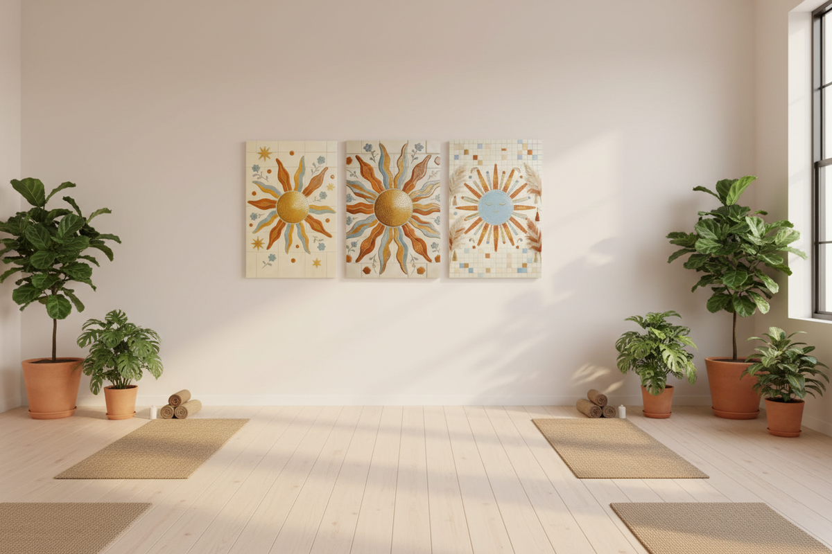 Three-panel boho Mediterranean sun mosaic triptych canvas wall art with terracotta, gold and blue tones displayed in a bright yoga studio with wooden floors and plants - Portugal Canvas Co