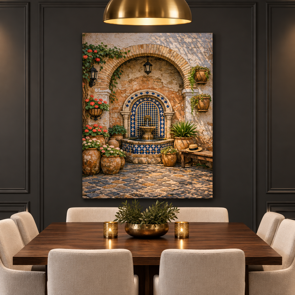 Mediterranean tiled courtyard fountain portrait canvas in a charcoal dining room - Portugal Canvas Co