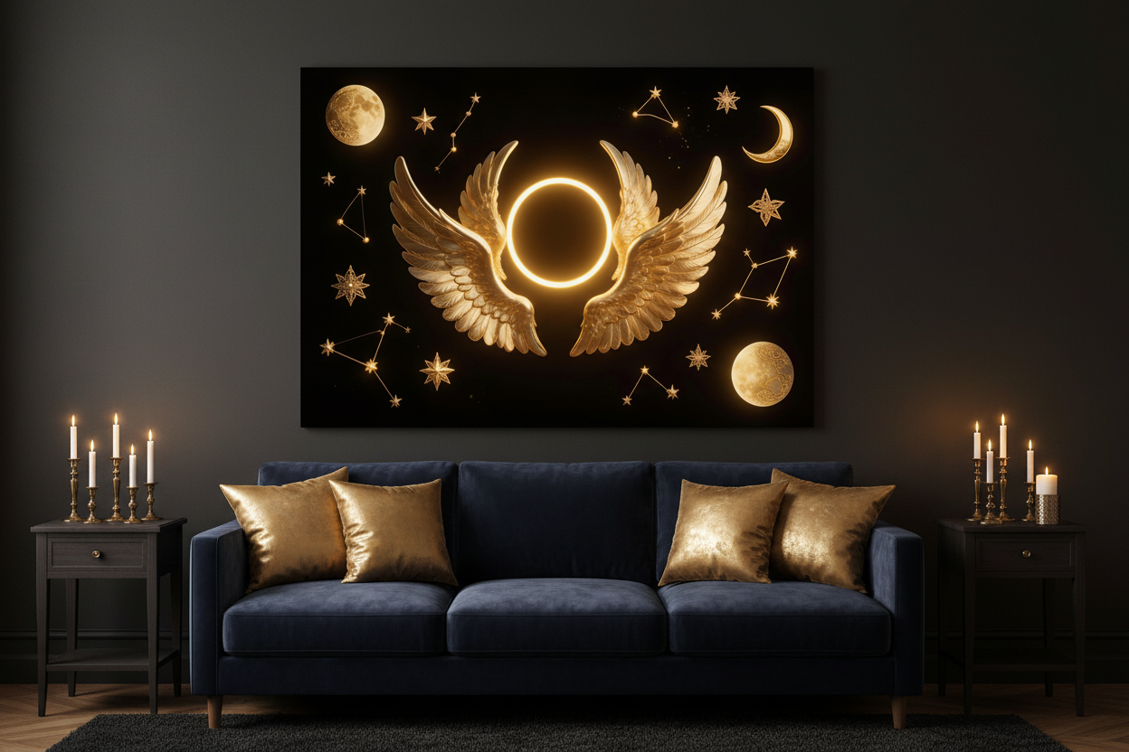 Divine celestial golden angel wings canvas wall art displayed on charcoal black wall above dark velvet sofa in dramatic moody luxury living room - Portugal Canvas Co