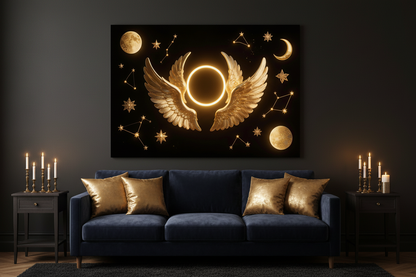 Divine celestial golden angel wings canvas wall art displayed on charcoal black wall above dark velvet sofa in dramatic moody luxury living room - Portugal Canvas Co