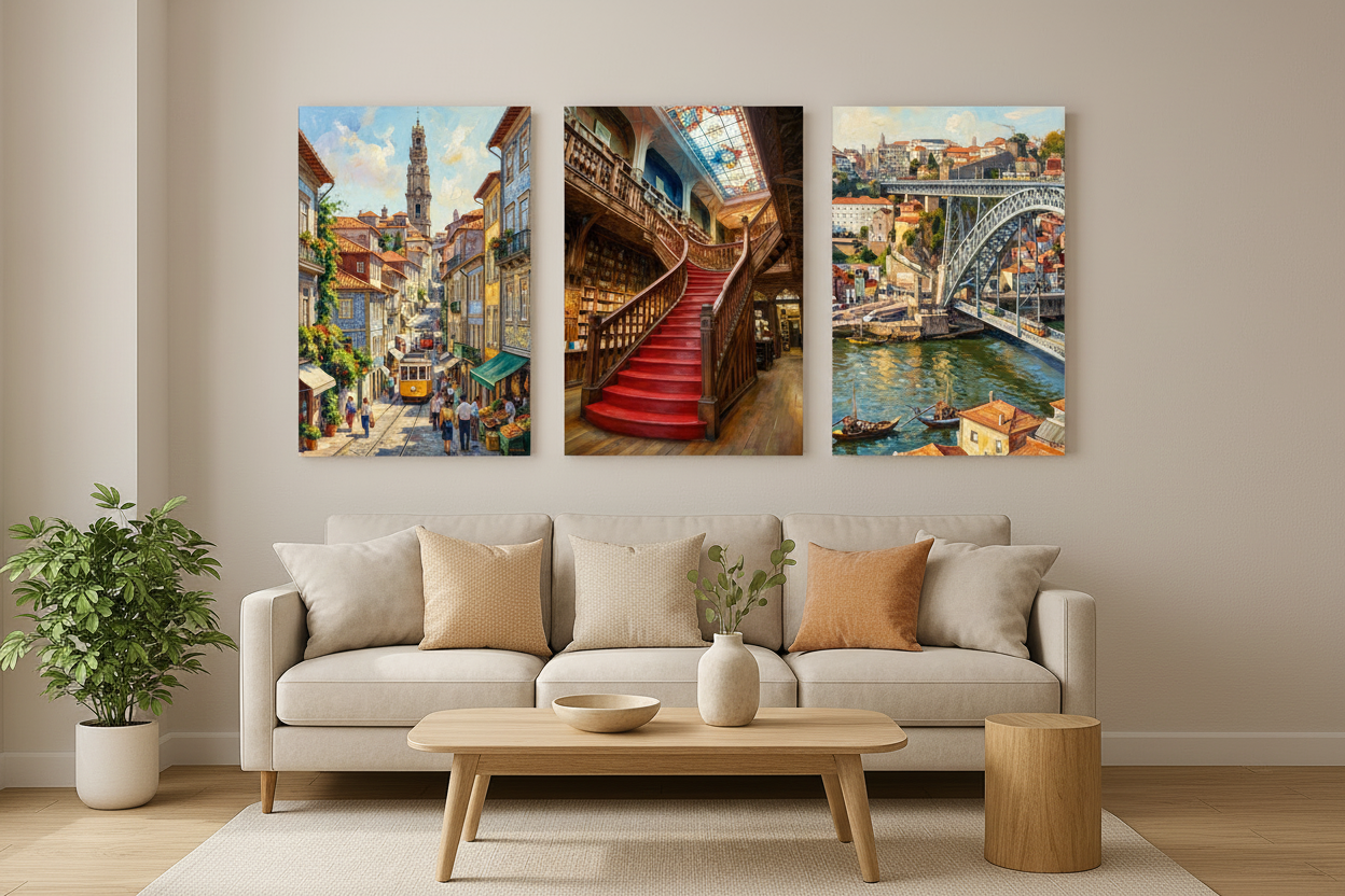 Porto Portugal triptych canvas wall art set displayed as a statement gallery wall in a modern living room - Portugal Canvas Co