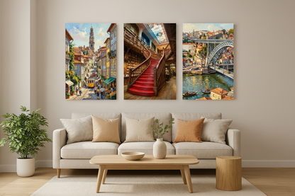 Porto Portugal triptych canvas wall art set displayed as a statement gallery wall in a modern living room - Portugal Canvas Co