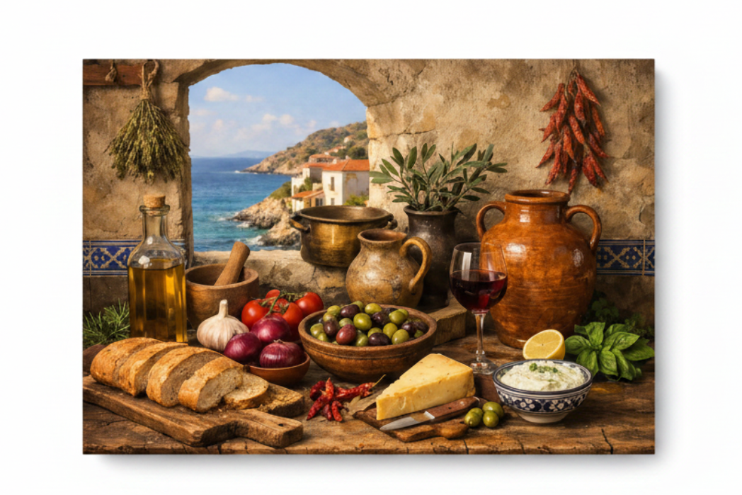 Mediterranean kitchen still life canvas wall art flat lay on white background - Portugal Canvas Co