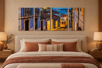 Lisbon yellow tram four-panel gallery-wrapped canvas in a sand and terracotta bedroom - Portugal Canvas Co
