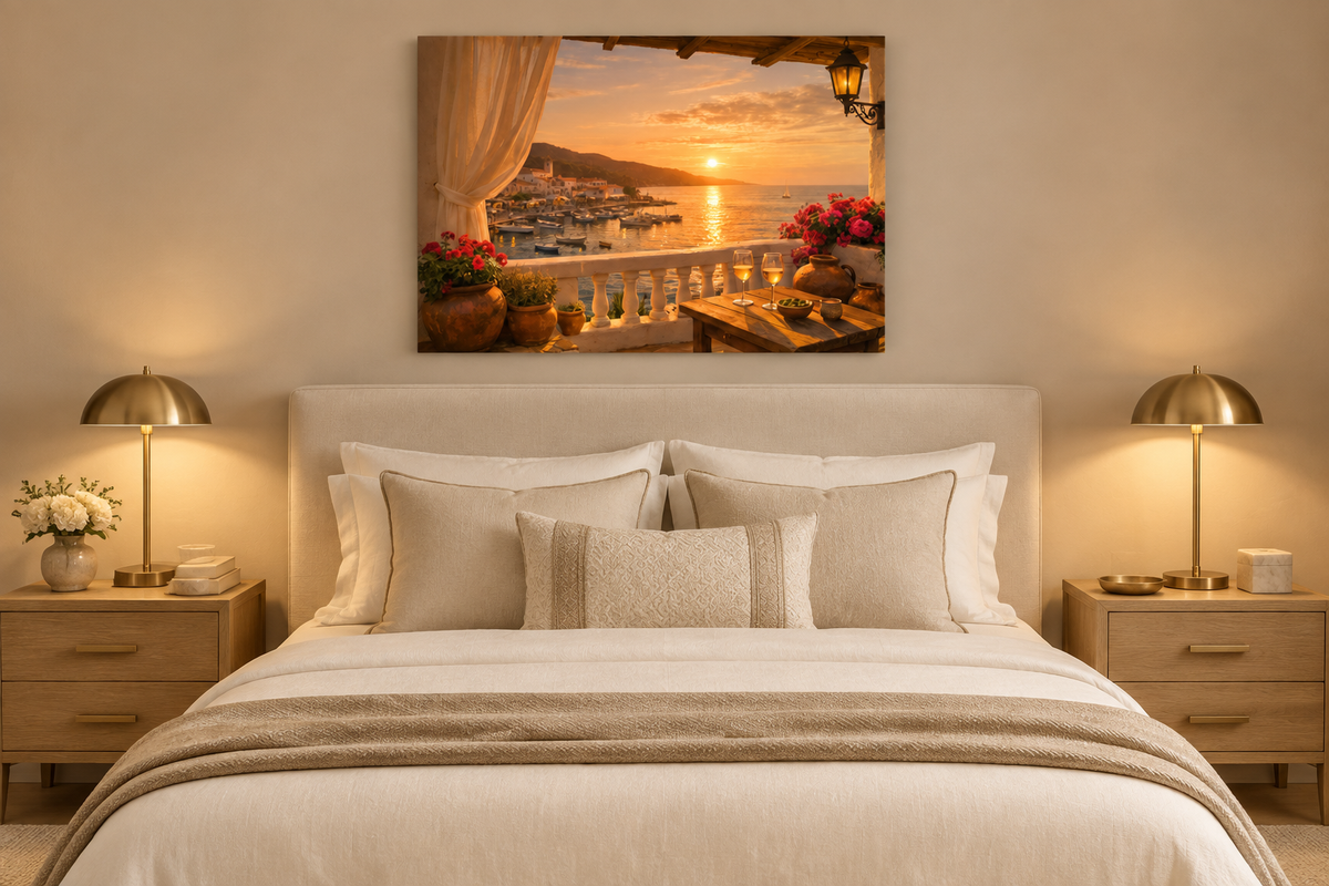 Mediterranean harbour sunset balcony canvas above a linen bed in an ivory bedroom with brass lamps - Portugal Canvas Co