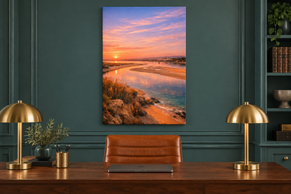 Alvor Estuary at golden hour portrait canvas displayed in a teal home office - Portugal Canvas Co