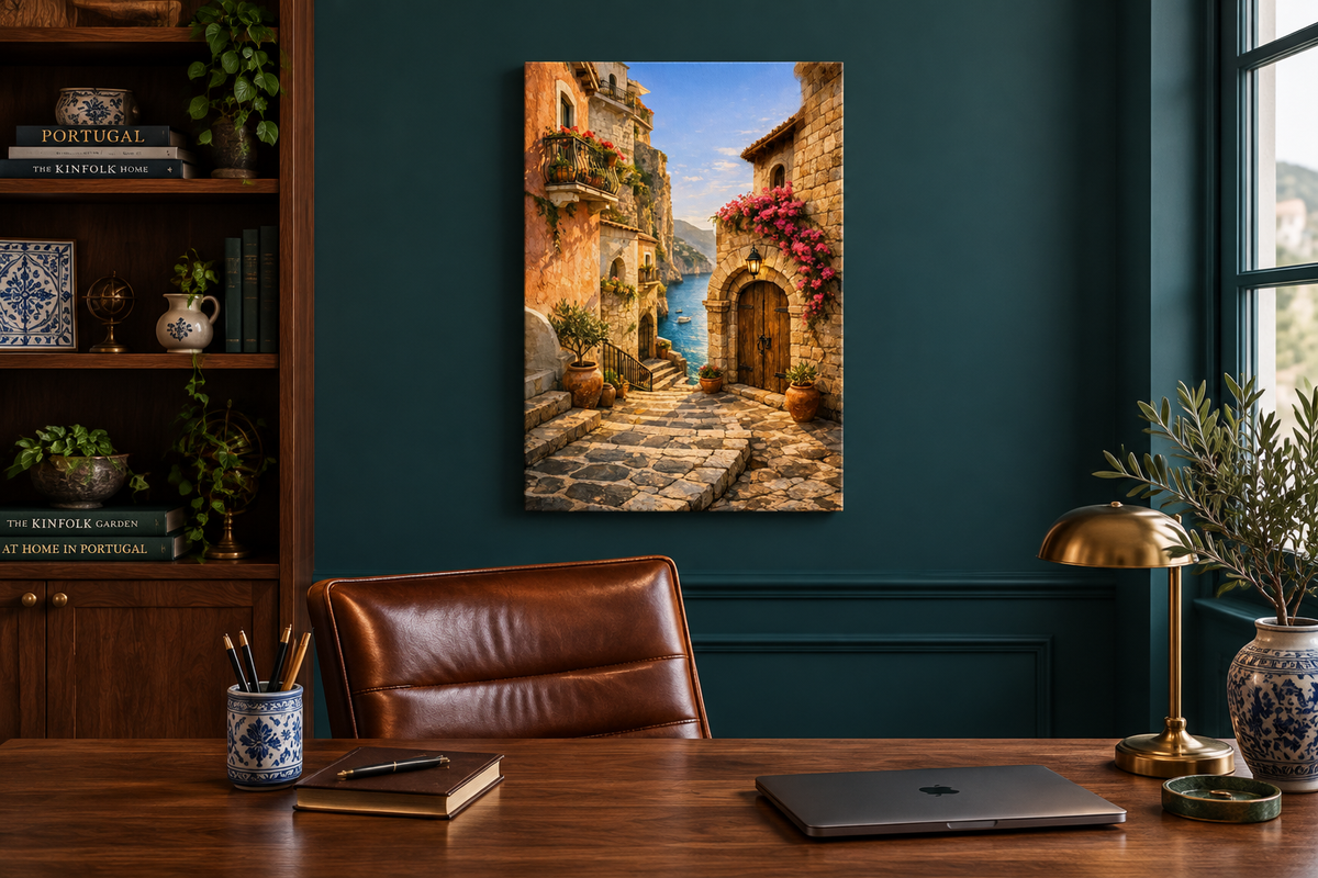 Mediterranean cliffside village canvas wall art in a teal home office with walnut desk - Portugal Canvas Co