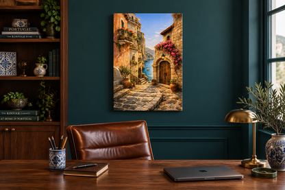 Mediterranean cliffside village canvas wall art in a teal home office with walnut desk - Portugal Canvas Co