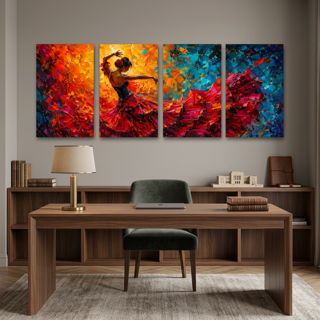 Four-panel flamenco dancer canvas artwork above a walnut desk in an elegant home office - Portugal Canvas Co