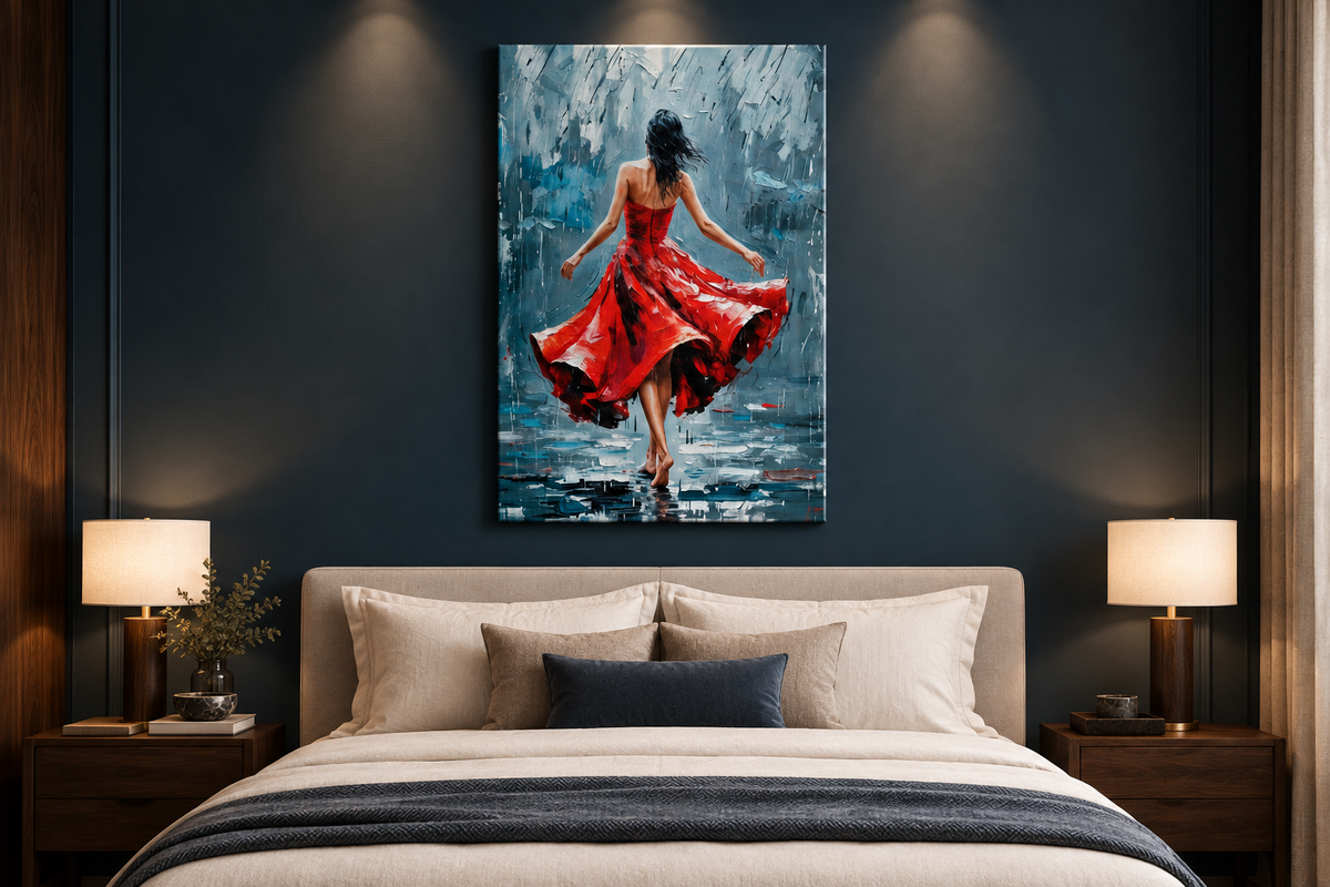 Red dress dancer portrait canvas displayed in a dramatic modern bedroom - Portugal Canvas Co