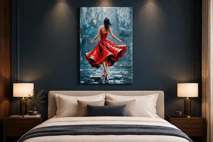 Red dress dancer portrait canvas displayed in a dramatic modern bedroom - Portugal Canvas Co