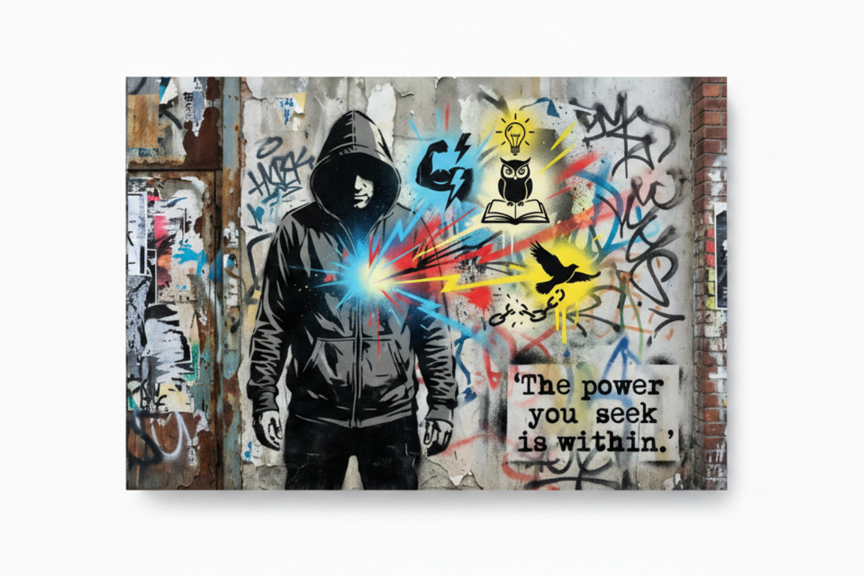 Banksy style street art canvas of hooded figure with glowing energy burst lightbulb owl and bird breaking chains on graffiti wall flat lay on white background - Portugal Canvas Co