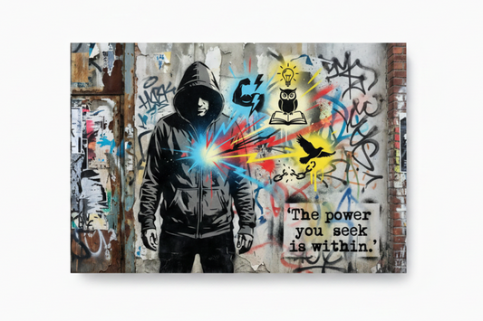 Banksy style street art canvas of hooded figure with glowing energy burst lightbulb owl and bird breaking chains on graffiti wall flat lay on white background - Portugal Canvas Co