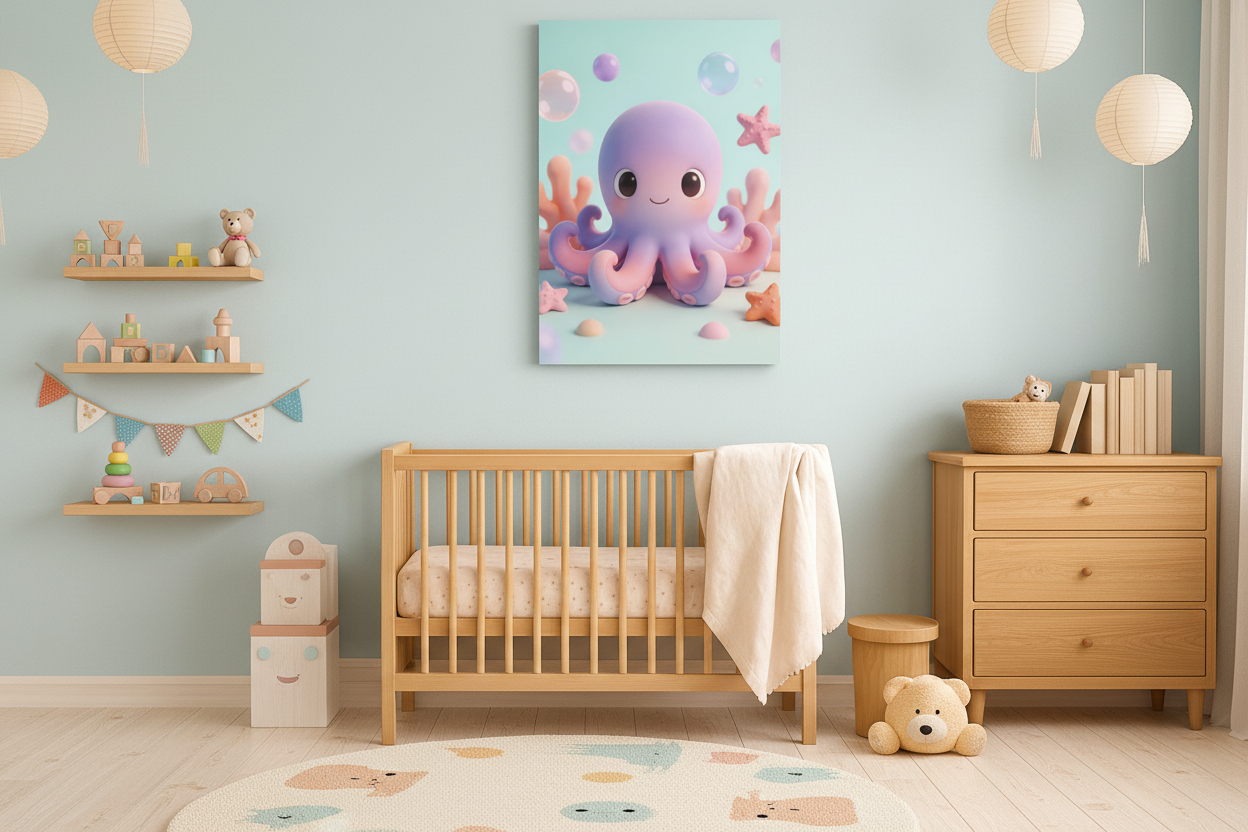 Cute octopus canvas wall art displayed in a bright children's bedroom with light blue walls - Portugal Canvas Co