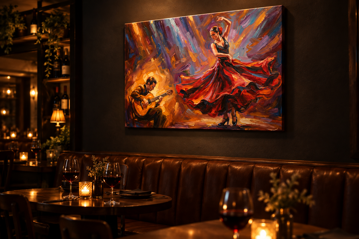 Flamenco dancer and guitarist canvas wall art on a dark charcoal wall above leather banquette seating in a candlelit wine bar - Portugal Canvas Co