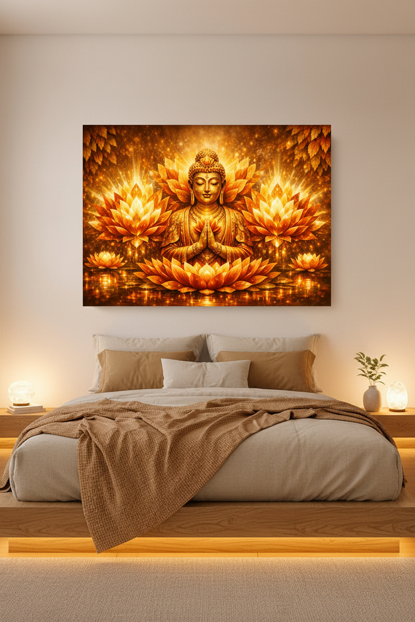 Golden Buddha meditation radiant lotus glow canvas wall art above a Japanese-style platform bed in a serene minimalist bedroom with warm amber light - Portugal Canvas Co