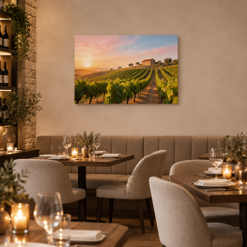 Portugal vineyard at sunset on a gallery-wrapped canvas in an elegant fine dining restaurant with candlelit tables - Portugal Canvas Co