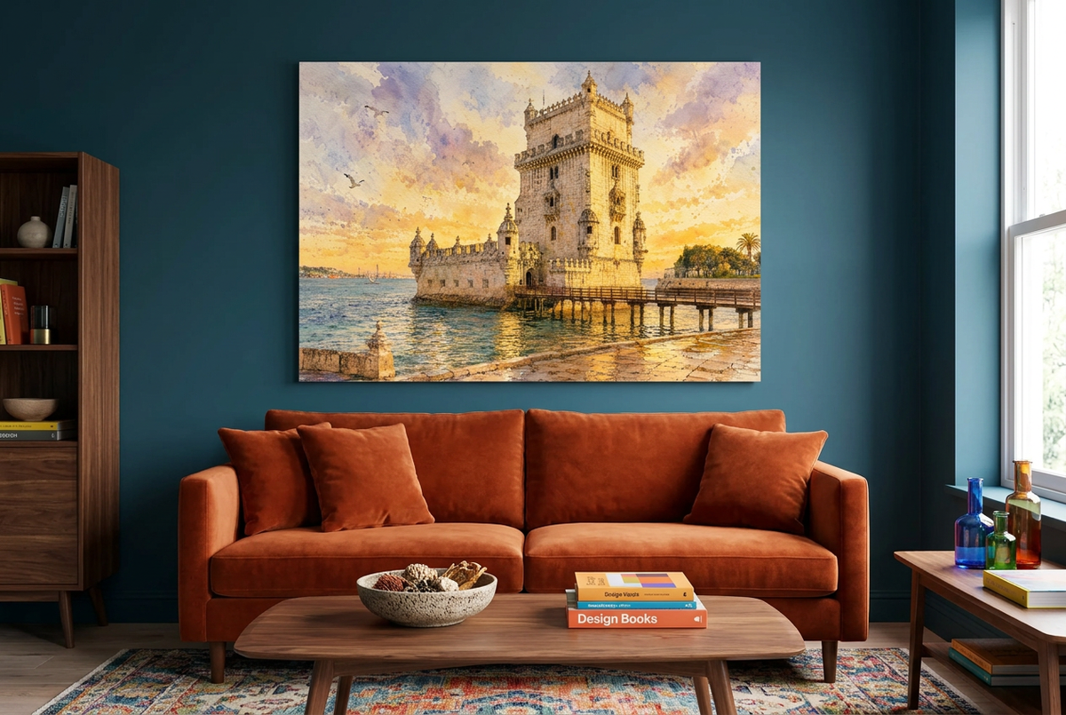 Belém Tower sunset canvas print above a burnt-orange sofa against a petrol-blue living room wall - Portugal Canvas Co