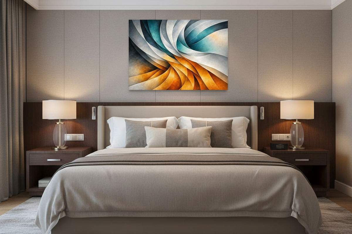 Vibrant abstract swirl canvas wall art with teal blue and golden orange forms above king bed in luxury hotel bedroom with neutral linen bedding - Portugal Canvas Co