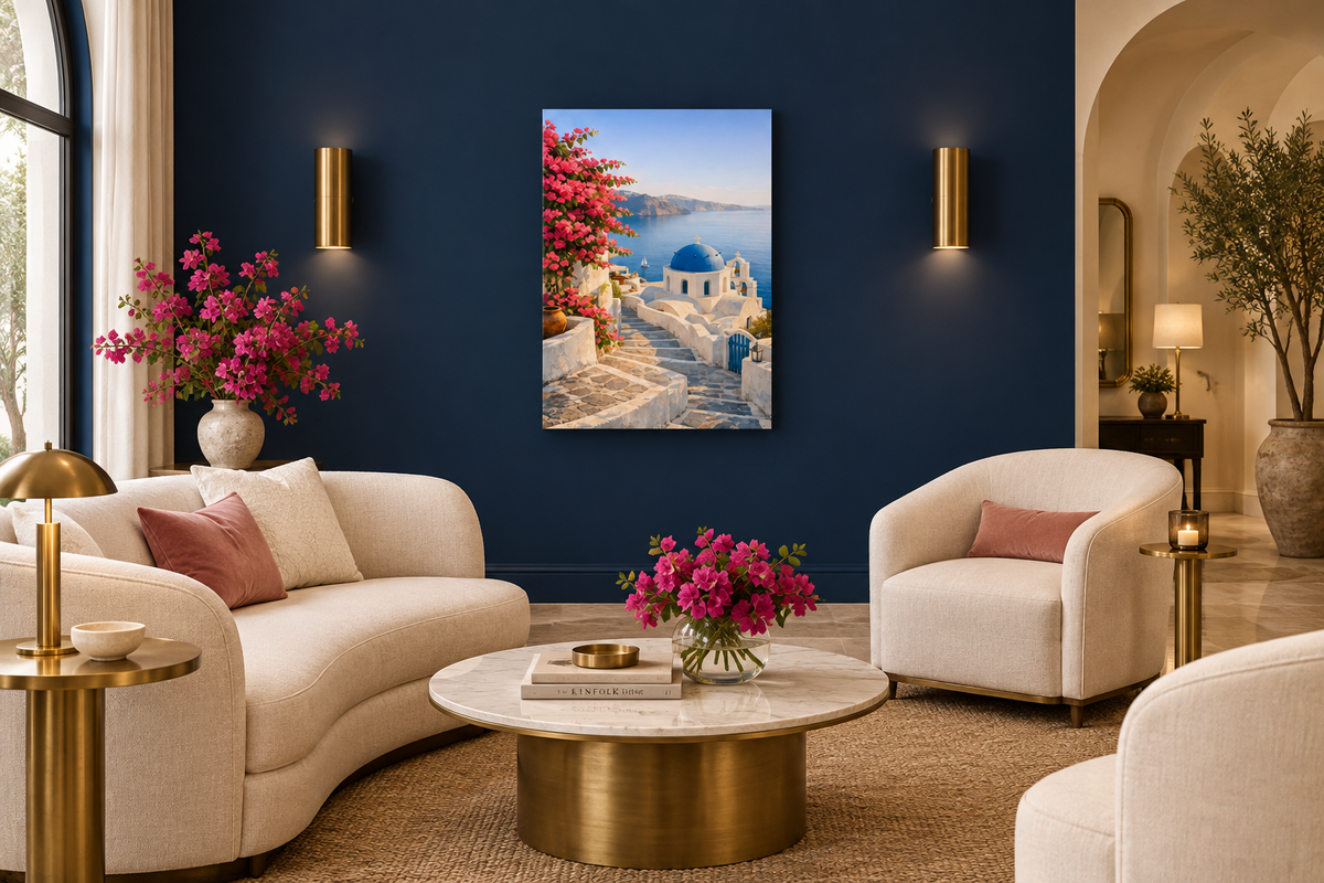 Portrait Santorini blue dome canvas on a navy accent wall in a refined hotel lounge with cream seating and brass details - Portugal Canvas Co