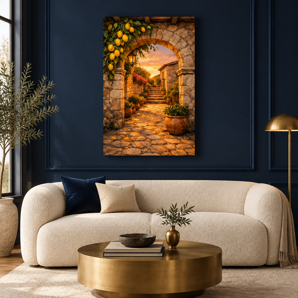 Mediterranean sunset lemon courtyard canvas displayed in a navy living room - Portugal Canvas Co