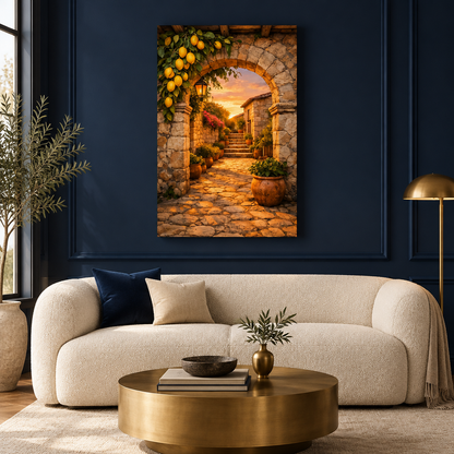 Mediterranean sunset lemon courtyard canvas displayed in a navy living room - Portugal Canvas Co