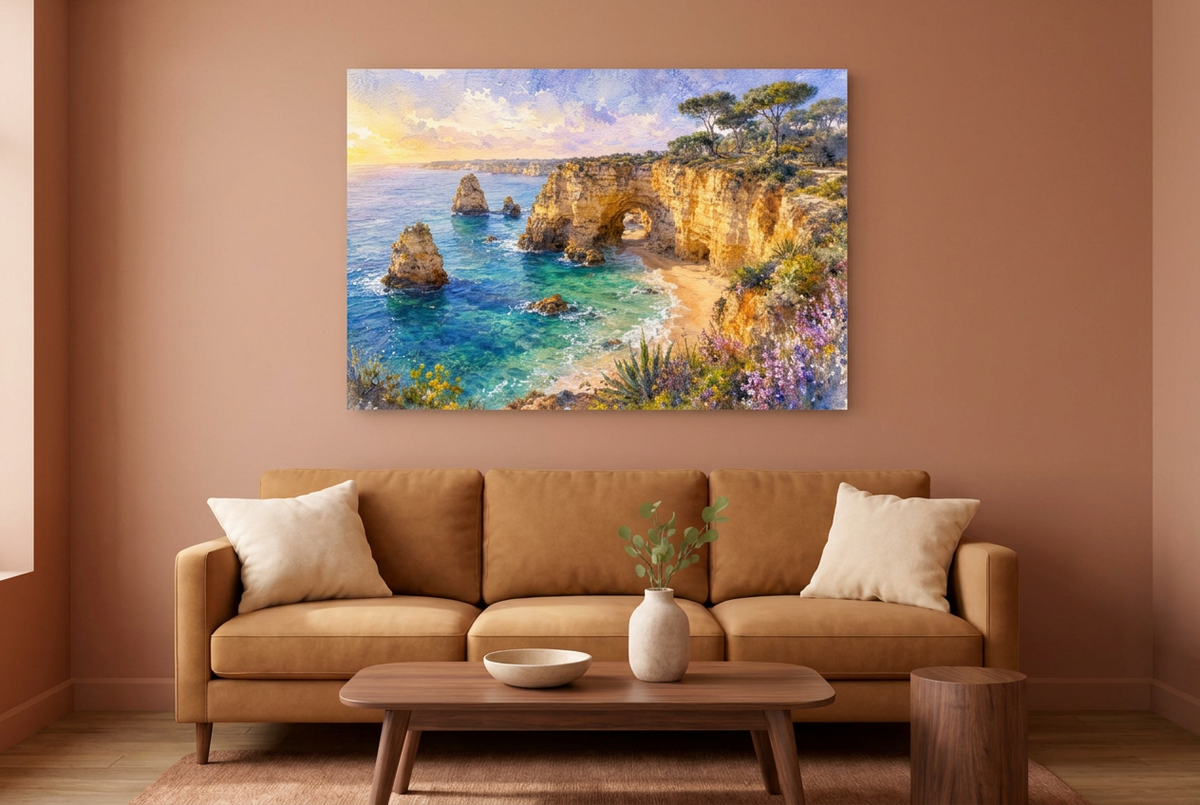 Algarve coastal arch landscape canvas above a caramel sofa against a warm terracotta wall - Portugal Canvas Co