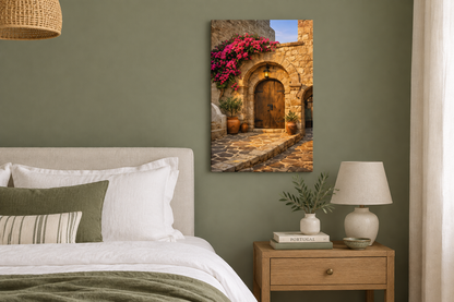 Rustic stone archway with wooden door canvas wall art above a bed in a sage green bedroom - Portugal Canvas Co