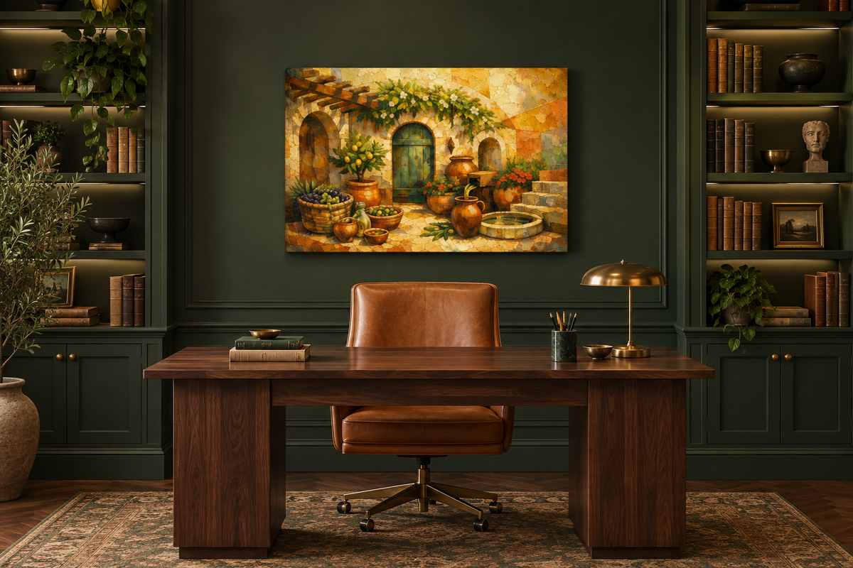 Mediterranean courtyard gallery-wrapped canvas in forest green study - Portugal Canvas Co