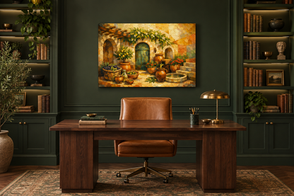 Mediterranean courtyard gallery-wrapped canvas in forest green study - Portugal Canvas Co