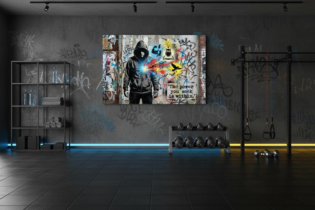 The power you seek is within Banksy style canvas wall art displayed on the wall of a cool urban gym with dark walls and rubber flooring - Portugal Canvas Co
