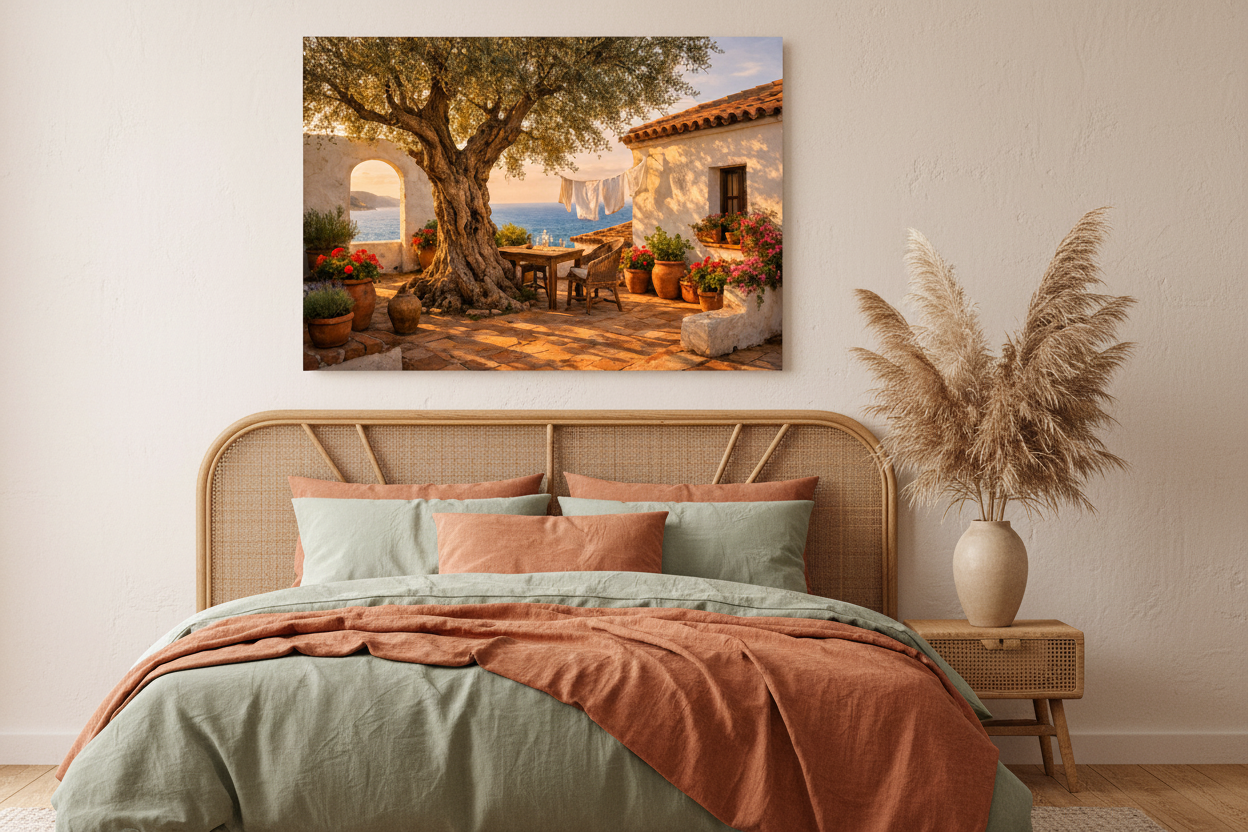 Mediterranean courtyard olive tree canvas print in boho earthy bedroom with rattan headboard and sage green terracotta linen - Portugal Canvas Co