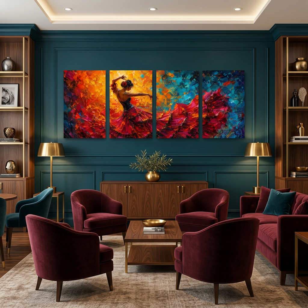 Four-panel flamenco dancer canvas artwork in a private lounge with burgundy chairs and a teal wall - Portugal Canvas Co