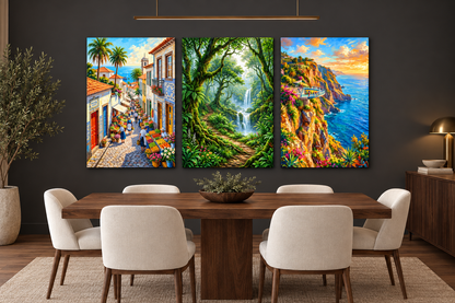 Village street, forest waterfall and coastal cliffs three-panel canvas in a charcoal dining room - Portugal Canvas Co