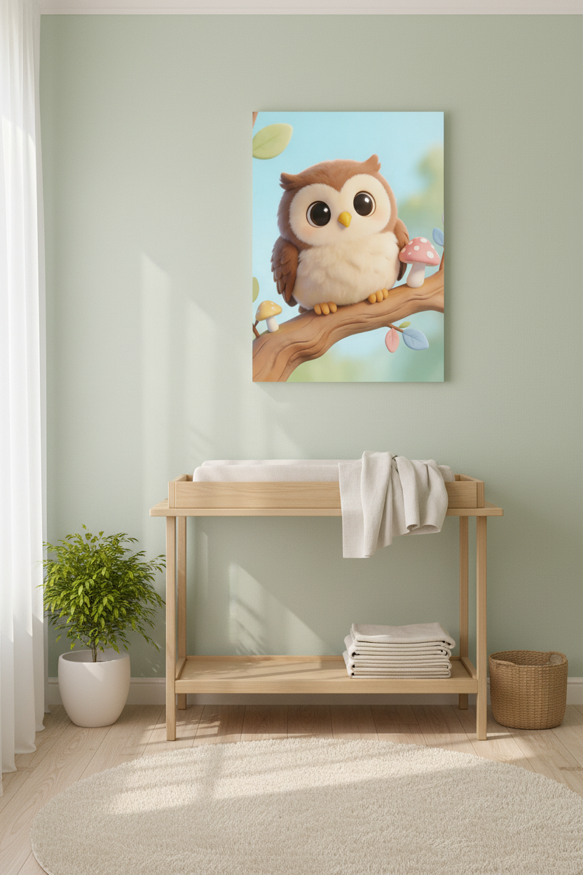 Cute baby owl nursery canvas wall art on a pastel green nursery wall above a changing table - Portugal Canvas Co