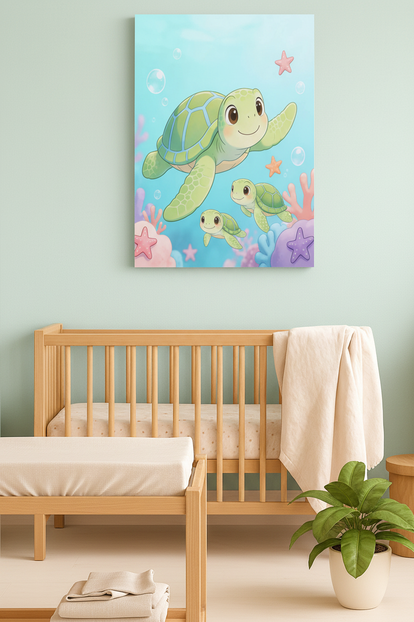 Cute baby sea turtle nursery canvas wall art on a pastel aqua nursery wall above a changing table - Portugal Canvas Co