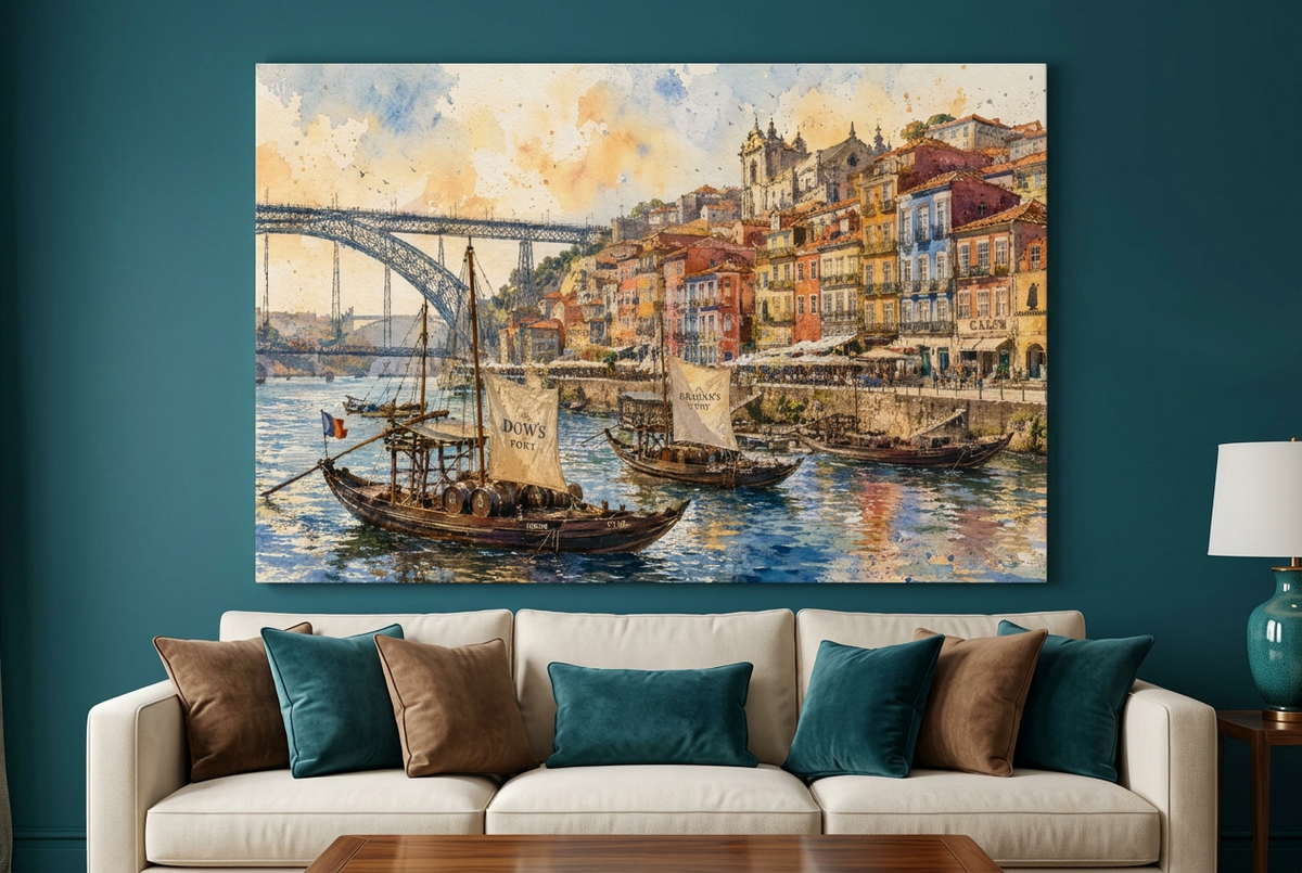 Porto Ribeira waterfront and boats canvas above a cream sofa in a teal living room - Portugal Canvas Co