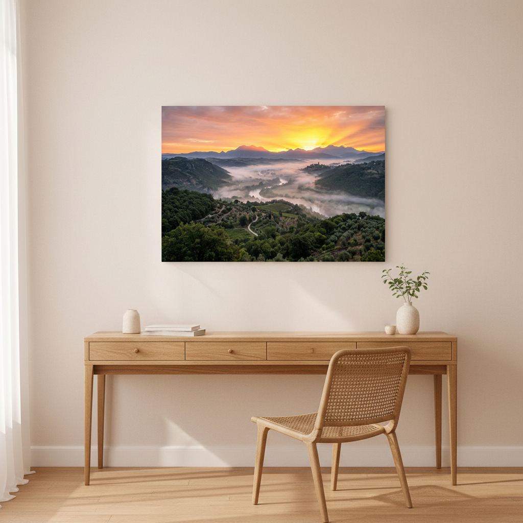 Mediterranean golden valley sunrise misty countryside landscape canvas wall art displayed in home study interior - Portugal Canvas Co