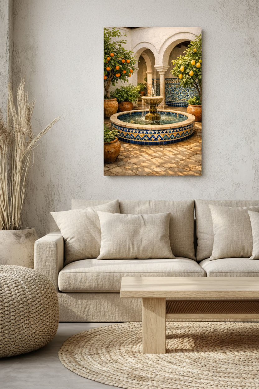 Andalusian courtyard fountain canvas wall art displayed above a linen sofa in a bright Scandinavian living room - Portugal Canvas Co