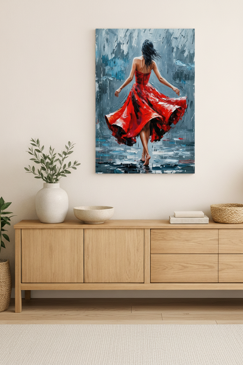 Female flamenco dancer red dress canvas wall art displayed above a wooden sideboard in a bright modern hallway - Portugal Canvas Co