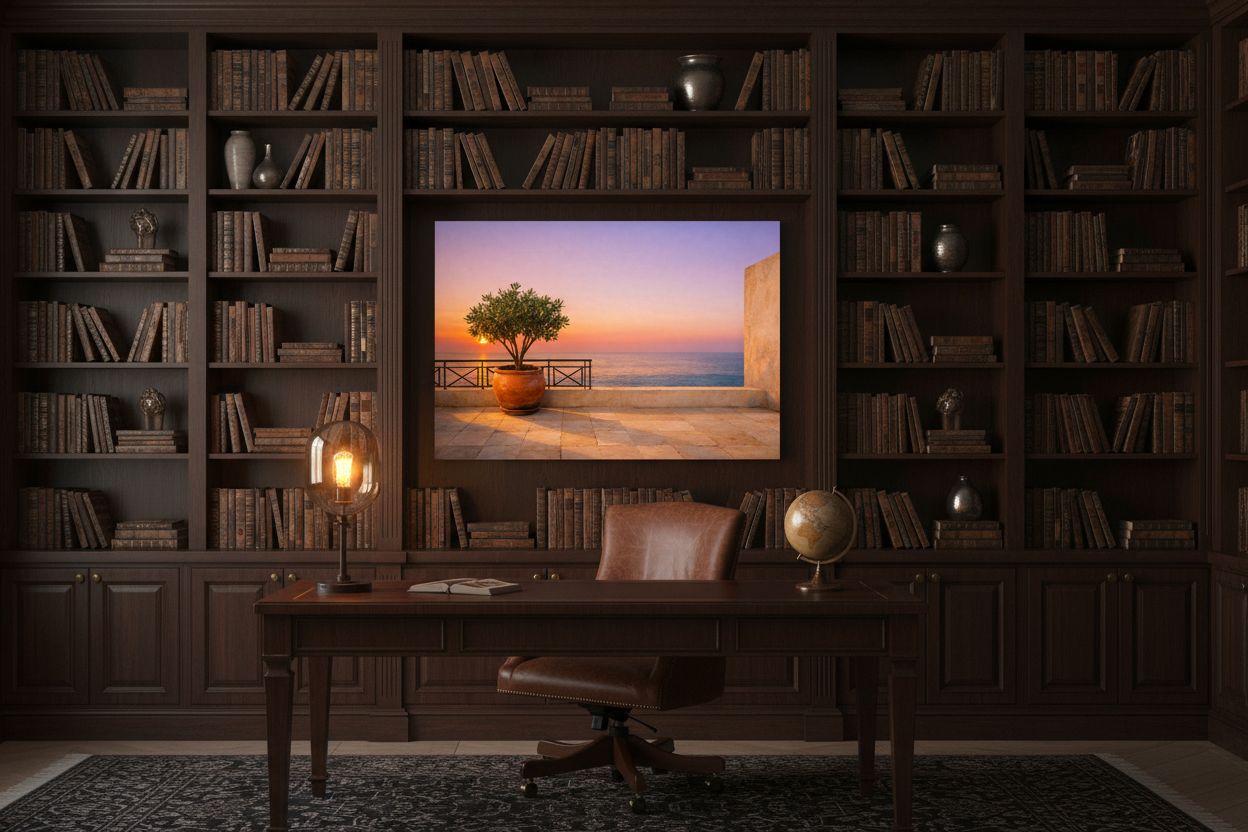 Mediterranean terrace at sunset coastal canvas wall art displayed in an elegant home study with dark wood bookshelves and warm lighting - Portugal Canvas Co