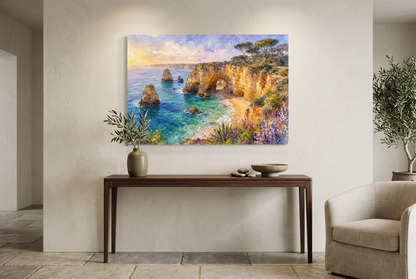 Algarve coastal arch canvas above a dark wood console in an elegant entrance hall - Portugal Canvas Co
