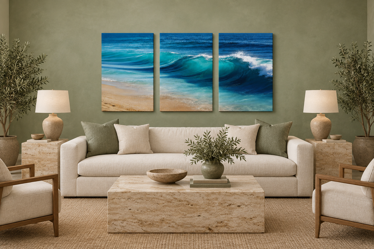 Ocean Wave triptych above a cream sofa in a sage and travertine hotel lounge with even lighting - Portugal Canvas Co