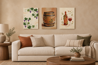 Three-piece grapevine and wine canvas set above an ivory sofa in a home living room - Portugal Canvas Co