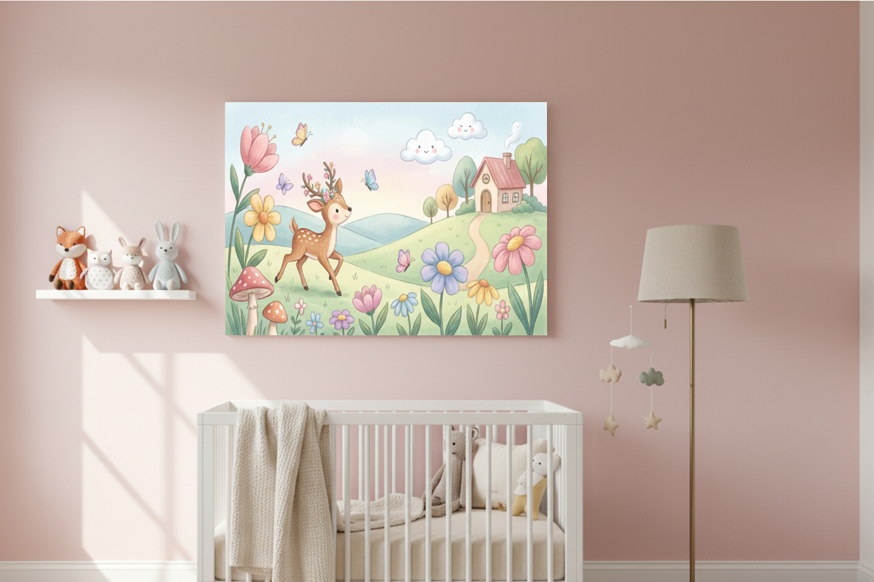 Whimsical deer with floral antlers woodland nursery canvas print above white crib in pastel pink nursery - Portugal Canvas Co