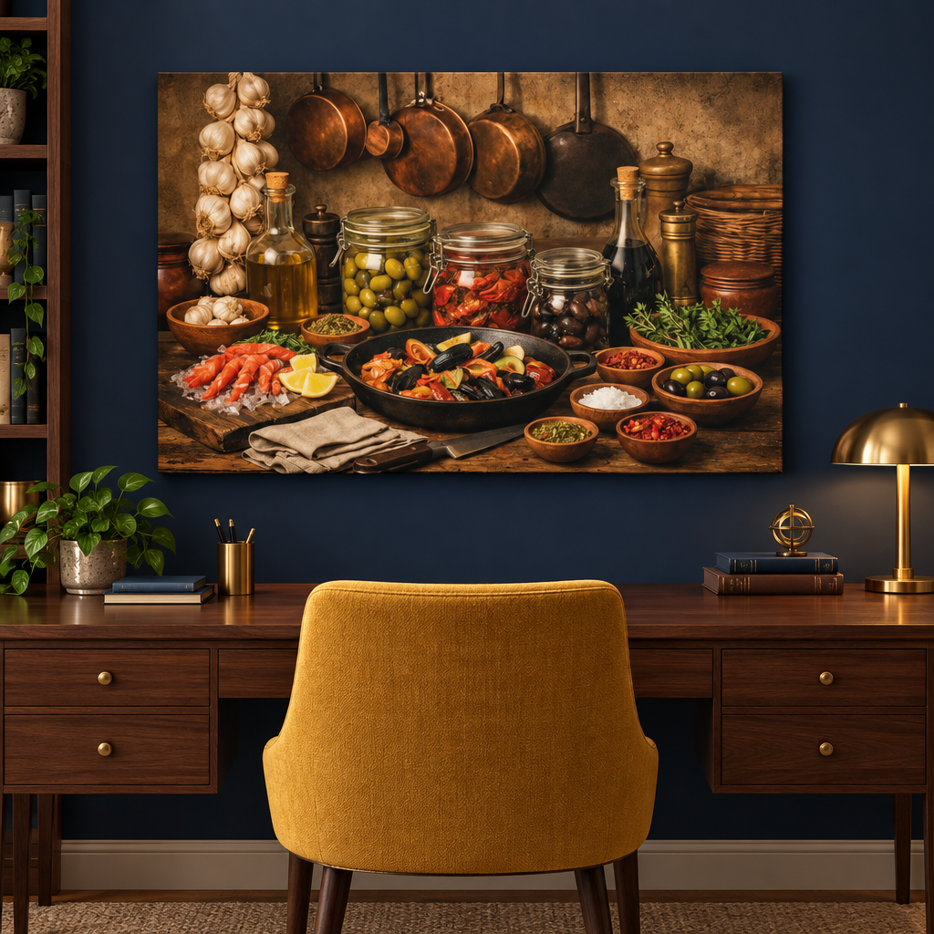 Mediterranean ingredients still-life canvas above a walnut desk in a navy blue study - Portugal Canvas Co
