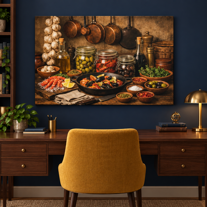 Mediterranean ingredients still-life canvas above a walnut desk in a navy blue study - Portugal Canvas Co