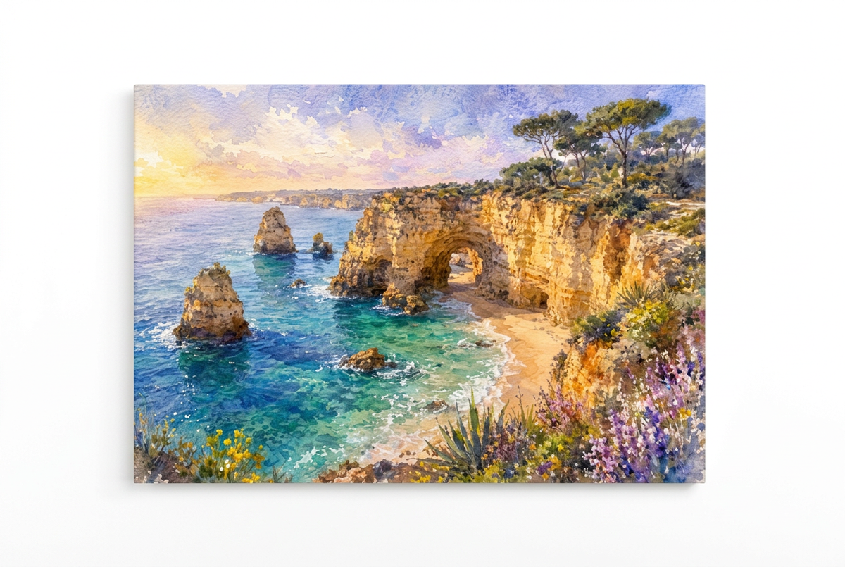 Landscape canvas showing golden Algarve cliffs, a coastal rock arch and turquoise sea on a white background - Portugal Canvas Co