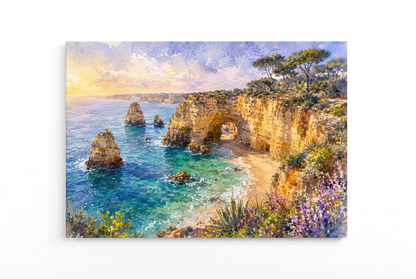 Landscape canvas showing golden Algarve cliffs, a coastal rock arch and turquoise sea on a white background - Portugal Canvas Co