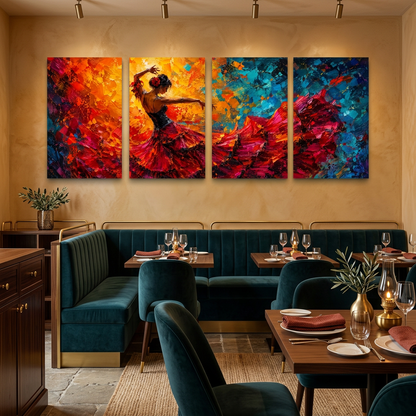 Four-panel flamenco dancer canvas artwork above teal banquette seating in an elegant restaurant - Portugal Canvas Co
